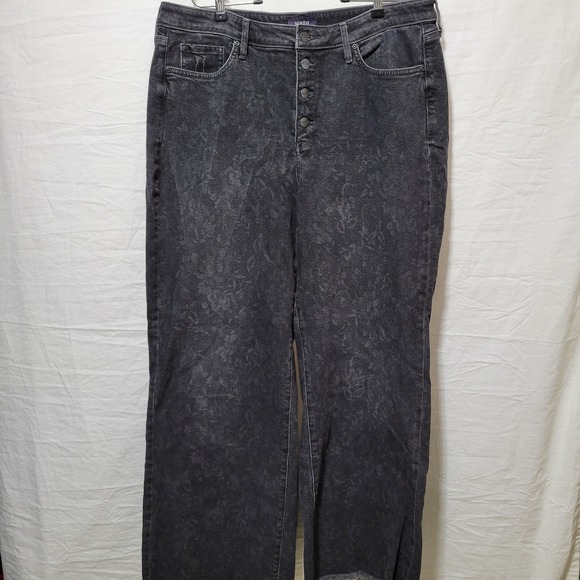 NYDJ Denim - NYDJ Teresa Wide Leg Jeans Grey Province Floral Sz 12 Boho LiftTuck Raw Hem